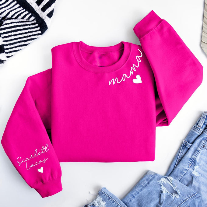 Personalized Mama Sweatshirt With Kids Name On Sleeve, Mothers Day Gift, Mom Announcement Shirt