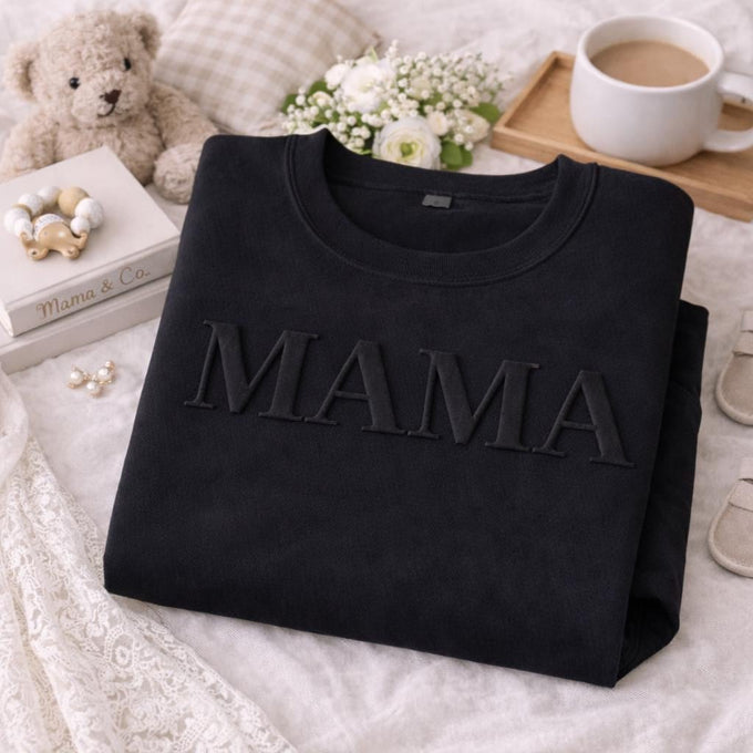 Custom Embossed White Puff Mama Sweatshirt, Personalize Mom Gift