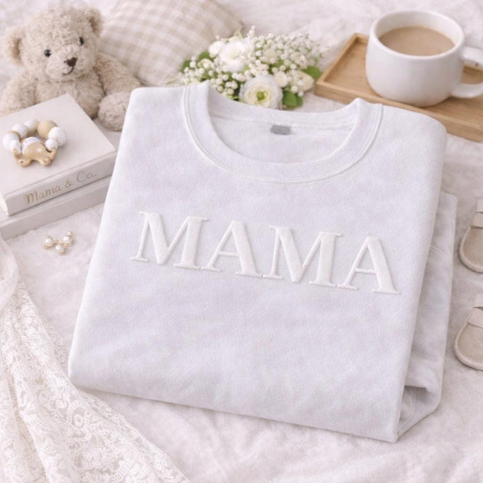 Custom Embossed White Puff Mama Sweatshirt, Personalize Mom Gift