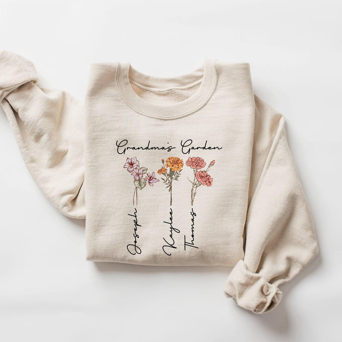 Personalized Grandma Sweatshirt With Kids Name On Sleeve Grandmas Garden Birth Month Flower Shirt with Grand Kid Names