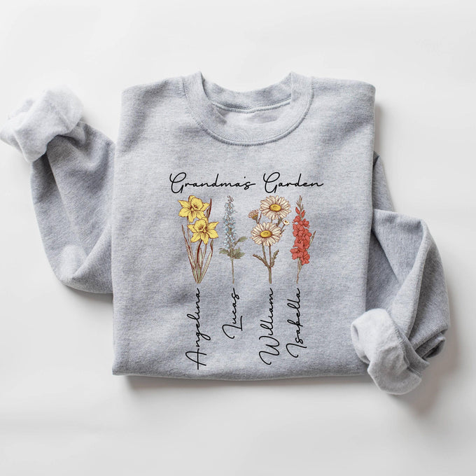 Personalized Grandma Sweatshirt With Kids Name On Sleeve Grandmas Garden Birth Month Flower Shirt with Grand Kid Names