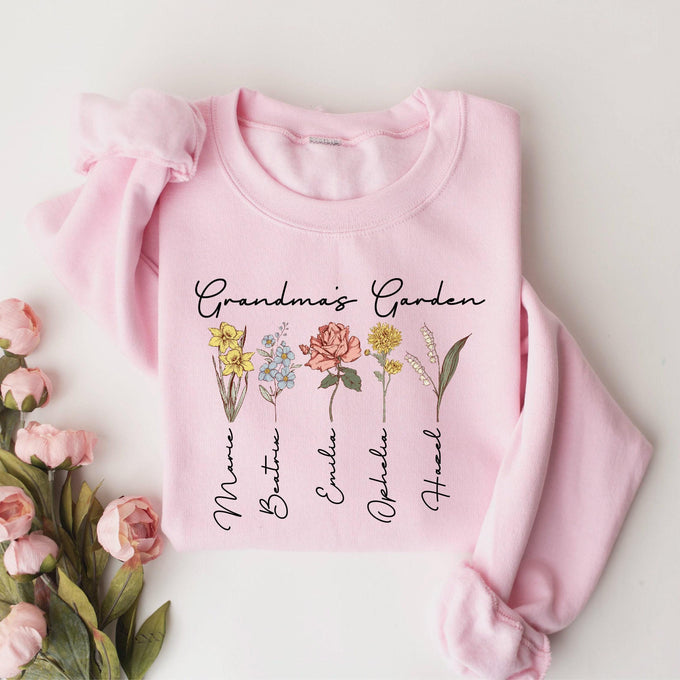 Personalized Grandma Sweatshirt With Kids Name On Sleeve Grandmas Garden Birth Month Flower Shirt with Grand Kid Names