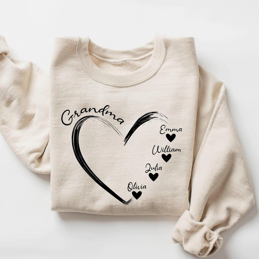 Personalize Mom Gift For Grandma With Grandkids Name Sweatshirt, Mothers Day Gift, Grandmas Heart Shirt, Nana Tante Tia Gigi Mommy Mimi Gift
