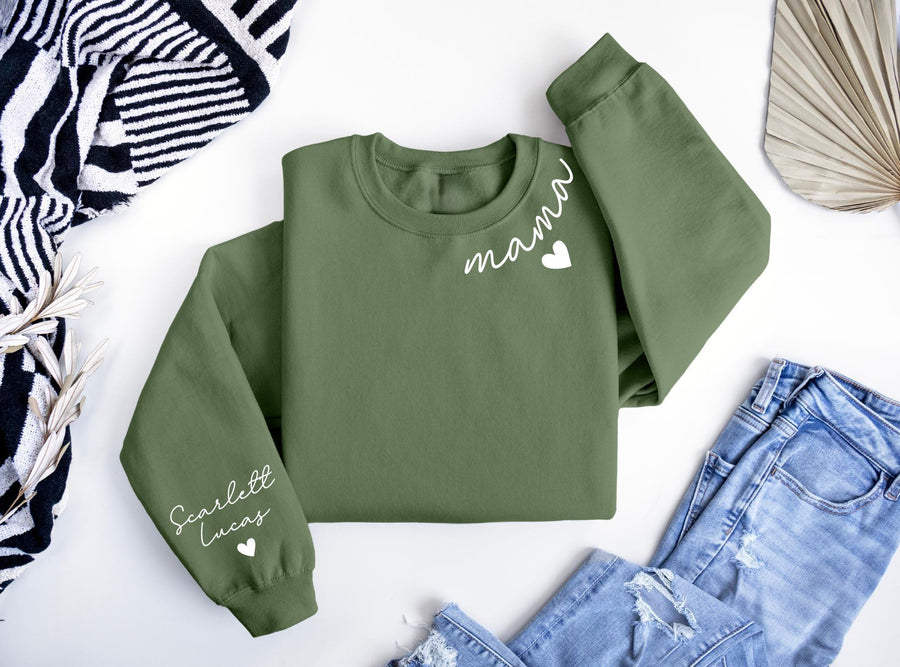 Personalized Mama Sweatshirt With Kids Name On Sleeve, Mothers Day Gift, Mom Announcement Shirt