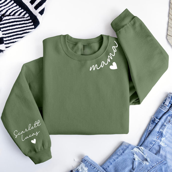 Personalized Mama Sweatshirt With Kids Name On Sleeve, Mothers Day Gift, Mom Announcement Shirt
