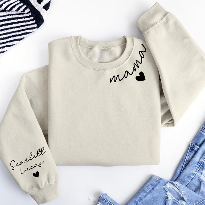 Personalized Mama Sweatshirt With Kids Name On Sleeve, Mothers Day Gift, Mom Announcement Shirt
