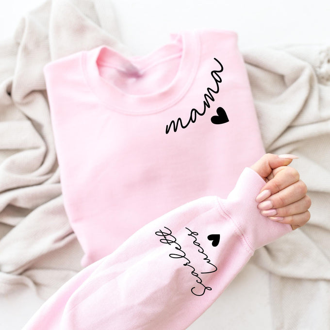 Personalized Mama Sweatshirt With Kids Name On Sleeve, Mothers Day Gift, Mom Announcement Shirt