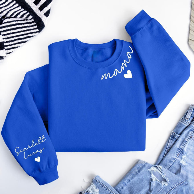 Personalized Mama Sweatshirt With Kids Name On Sleeve, Mothers Day Gift, Mom Announcement Shirt