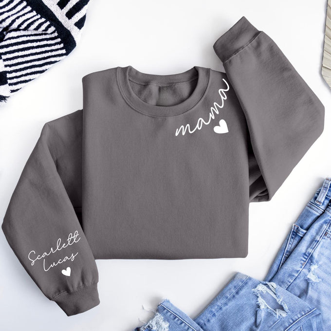 Personalized Mama Sweatshirt With Kids Name On Sleeve, Mothers Day Gift, Mom Announcement Shirt