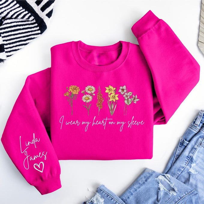 I Wear My Heart On My Sleeve Sweatshirt, Personalize Birth Month Flowers Mom Gift Sweatshirt, Christmas Gift For Mom, Mothers Day Gift