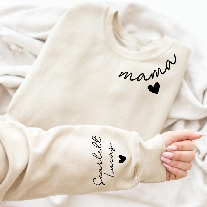 Personalized Mama Sweatshirt With Kids Name On Sleeve, Mothers Day Gift, Mom Announcement Shirt