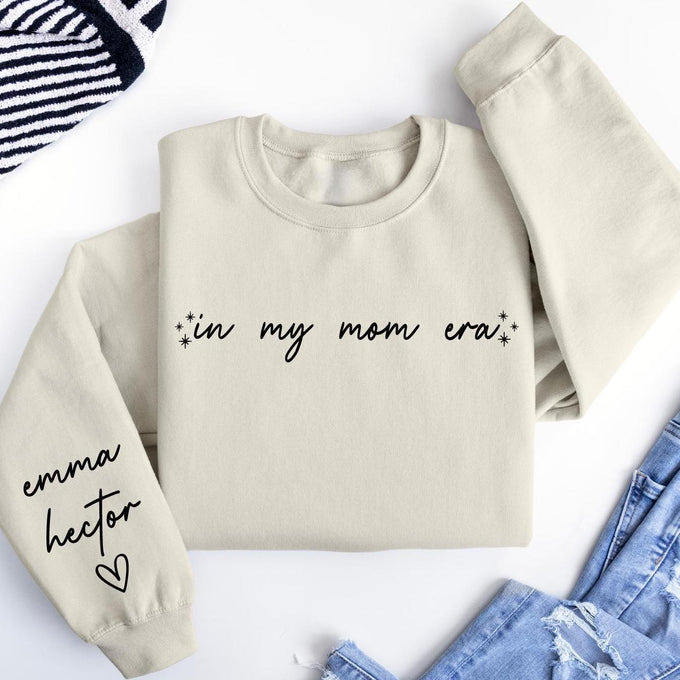 Personalized Mom Gift With Kids Name On Sleeve Shirt, In My Mom Era Sweatshirt