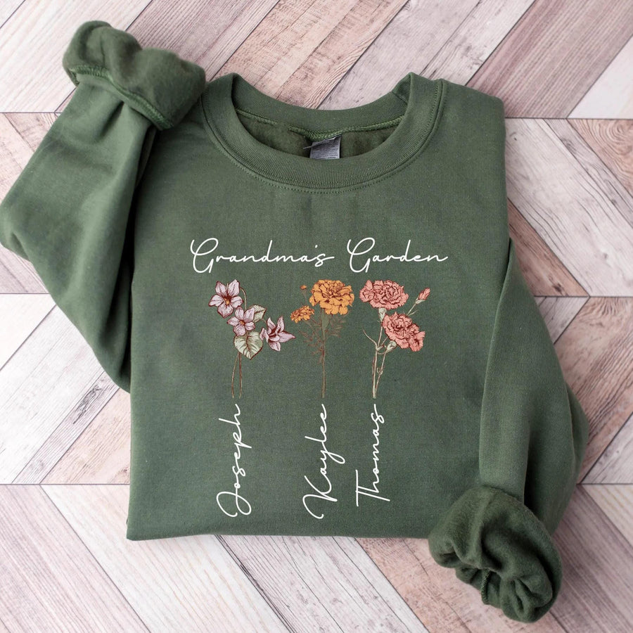 Personalized Grandma Sweatshirt With Kids Name On Sleeve Grandmas Garden Birth Month Flower Shirt with Grand Kid Names