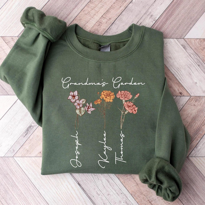 Personalized Grandma Sweatshirt With Kids Name On Sleeve Grandmas Garden Birth Month Flower Shirt with Grand Kid Names