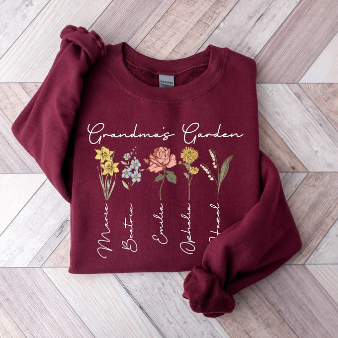 Personalized Grandma Sweatshirt With Kids Name On Sleeve Grandmas Garden Birth Month Flower Shirt with Grand Kid Names