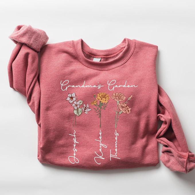 Personalized Grandma Sweatshirt With Kids Name On Sleeve Grandmas Garden Birth Month Flower Shirt with Grand Kid Names